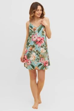 Trägerkleid Im Tropischen Druck Spaghetti-Träger Baumwolle/Modal