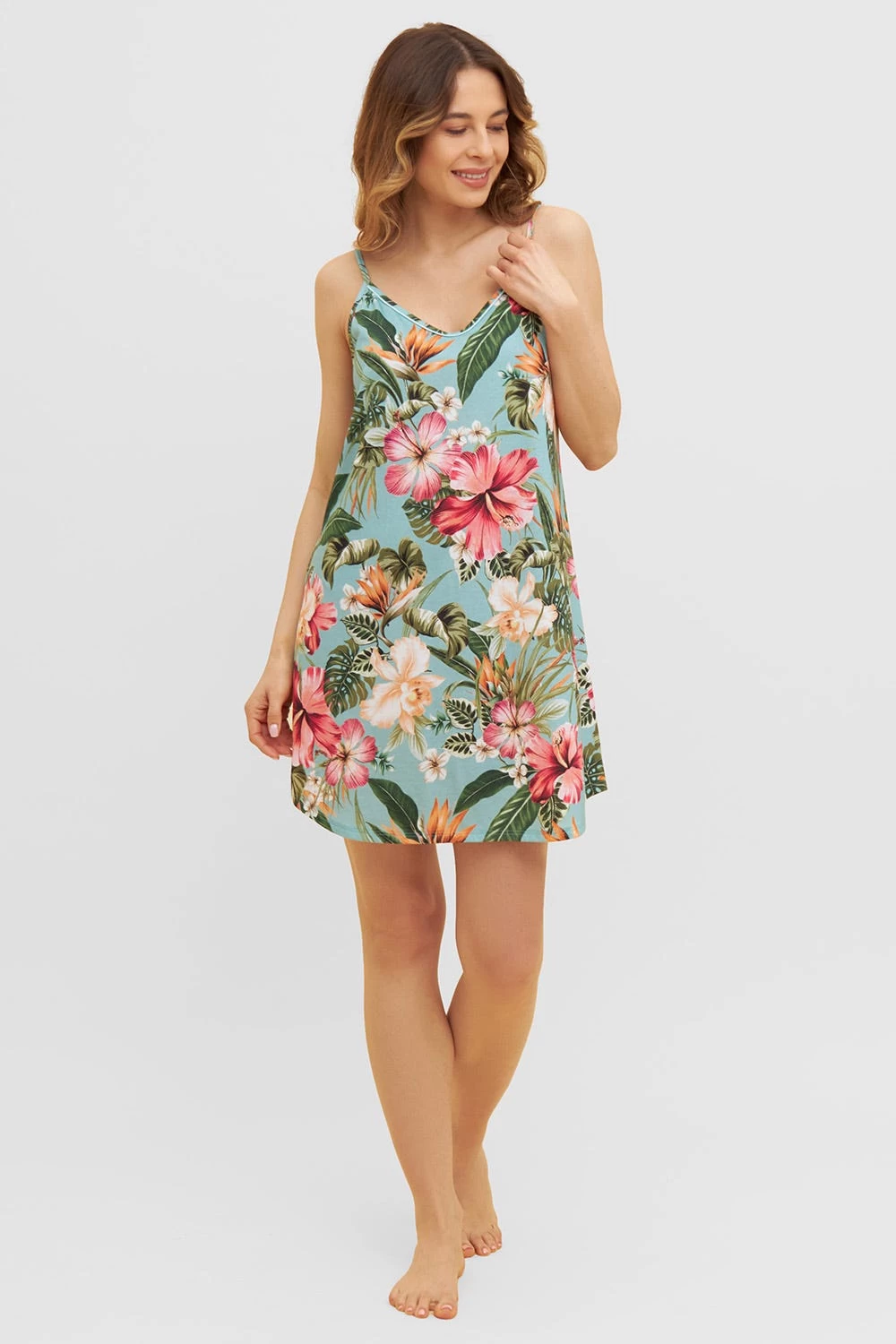 Trägerkleid Im Tropischen Druck Spaghetti-Träger Baumwolle/Modal 1 Trägerkleid Im Tropischen Druck Spaghetti-Träger Baumwolle/Modal