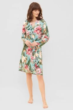 Wickelmantel Im Tropischen Druck Paspeln Bindegürtel Baumwolle/Modal