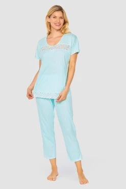 Pyjama Mit Feinen Spitzendetails Uni Elegant 100% Baumwolle