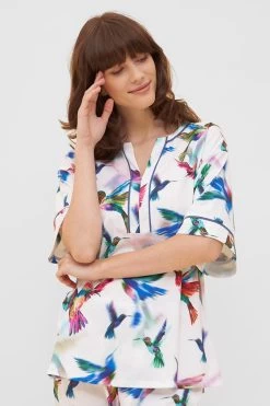 Pyjama Im Vogel-Druck Kimono Paspeln Halbarm 100% Baumwolle 10 Pyjama Im Vogel-Druck Kimono Paspeln Halbarm 100% Baumwolle -Pyjamas Für Zuhause 1233178 16855 3