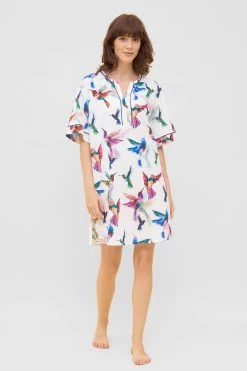 Nachthemd Im Vogel-Druck Kimono Paspeln Halbarm 100% Baumwolle