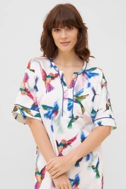 Nachthemd Im Vogel-Druck Kimono Paspeln Halbarm 100% Baumwolle -Pyjamas Für Zuhause 1233179 16855 3