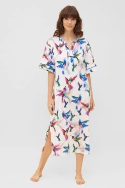 Nachtkleid Im Vogel-Druck Kimono Paspeln Halbarm Maxi-Länge 100% Baumwolle