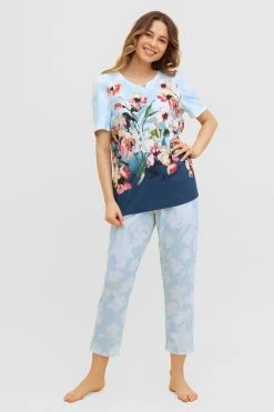 Pyjama Mit Platziertem Druck 7/8-Hose Kurzarm Baumwolle/Modal