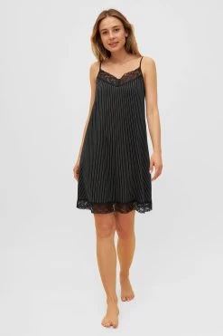 Nachtkleid Im Schwarzen Streifen-Druck Spaghetti-Träger Spitzendetails Trägerkleid 100% Baumwolle