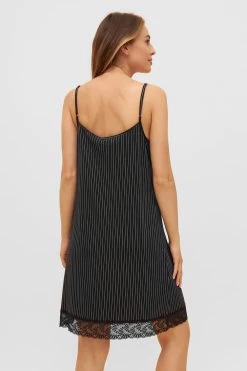 Nachtkleid Im Schwarzen Streifen-Druck Spaghetti-Träger Spitzendetails Trägerkleid 100% Baumwolle -Pyjamas Für Zuhause 1233222 16601 2