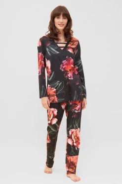 Pyjama Im Eleganten Blumendruck V-Ausschnitt Baumwolle/Modal