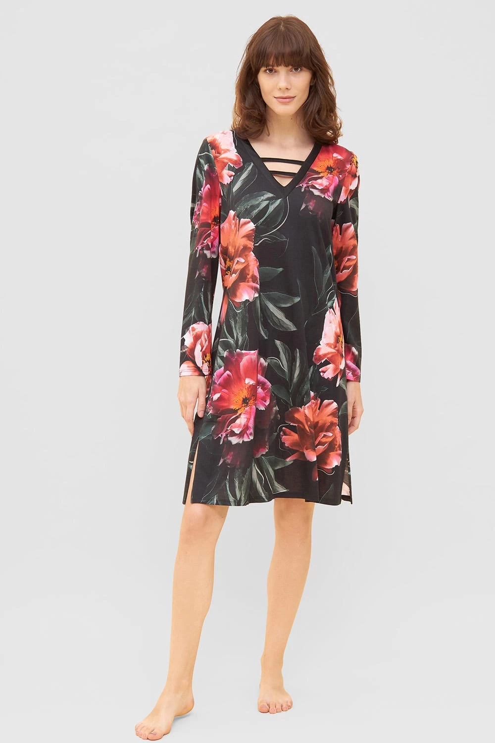 Nachthemd Im Eleganten Blumendruck V-Ausschnitt Baumwolle/Modal 1 Nachthemd Im Eleganten Blumendruck V-Ausschnitt Baumwolle/Modal