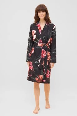 Morgenmantel Im Eleganten Blumendruck Paspeln Bindegürtel 100% Baumwolle