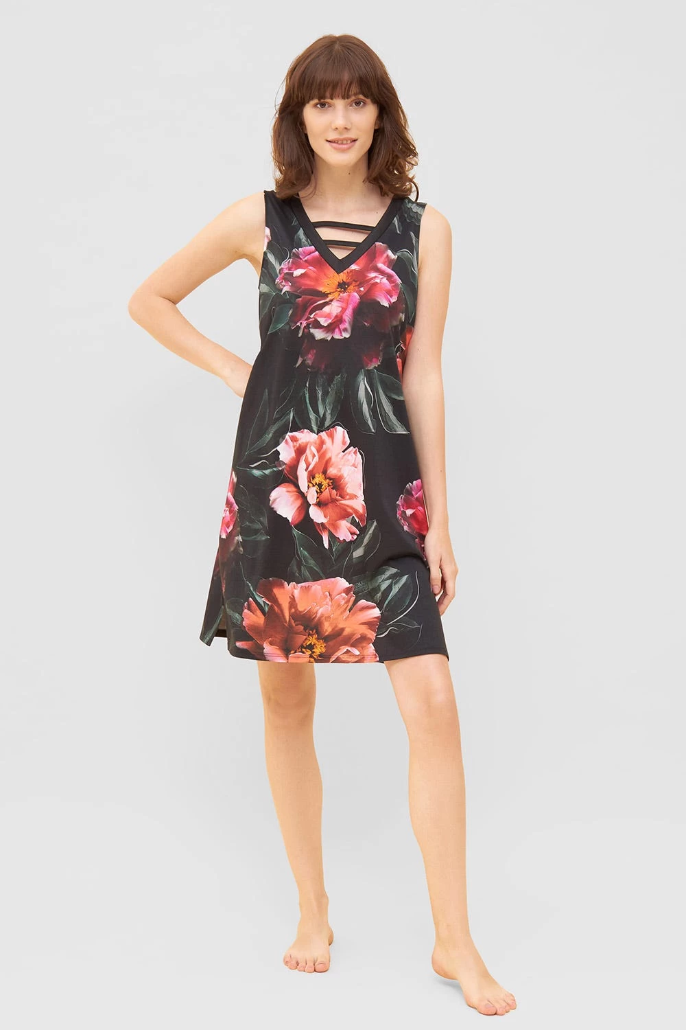 Nachtkleid Im Eleganten Blumendruck V-Ausschnitt Ärmellos Baumwolle/Modal 1 Nachtkleid Im Eleganten Blumendruck V-Ausschnitt Ärmellos Baumwolle/Modal