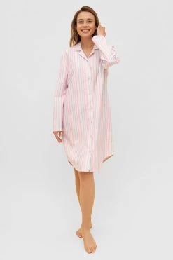 Nachthemd Im Herrenhemd-Stil Streifen Flanell Winter Warm 100% Baumwolle