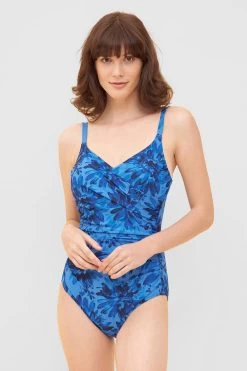 Badeanzug Im Blauen Blüten-Druck Wickeloptik Recyceltes Polyester/Elasthan