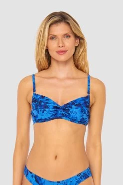 Bikini Oberteil Im Blauen Blüten-Druck Wickeloptik Recyceltes Polyester/Elasthan