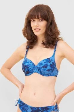Bikini Oberteil Im Blauen Blüten-Druck Raffungen Recyceltes Polyester/Elasthan