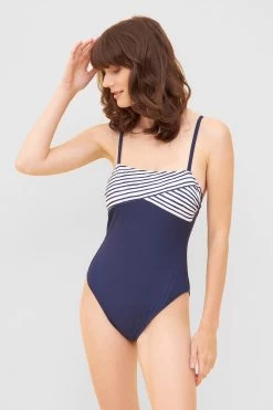 Bandeau Badeanzug Mit Gestreifter Blende Ripp Recyceltes Polyester/Elasthan