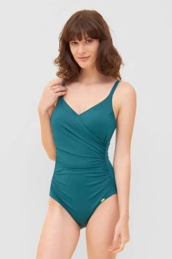 Badeanzug Mit Wickeloptik Petrol V-Ausschnitt Recyceltes Polyamid/Elasthan
