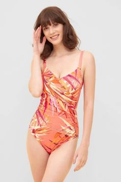Badeanzug Im Bunten Blätter-Druck Wickeloptik Recyceltes Polyamid/Elasthan