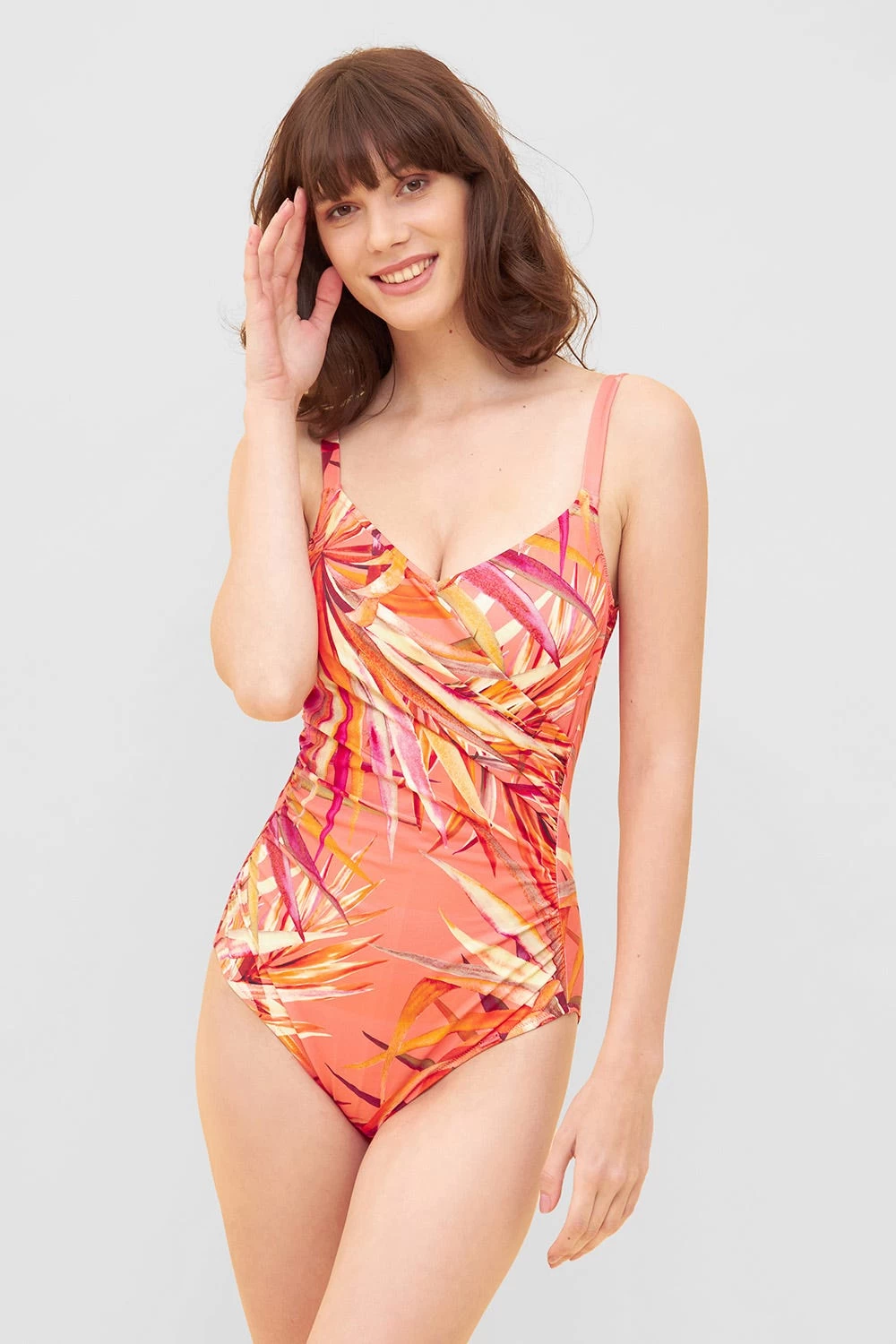 Badeanzug Im Bunten Blätter-Druck Wickeloptik Recyceltes Polyamid/Elasthan 1 Badeanzug Im Bunten Blätter-Druck Wickeloptik Recyceltes Polyamid/Elasthan