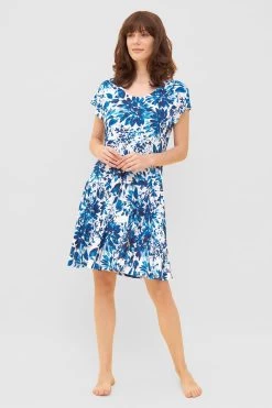 Strandkleid Im Blauen Blüten-Druck Volant Sommerkleid Viskose/Elasthan