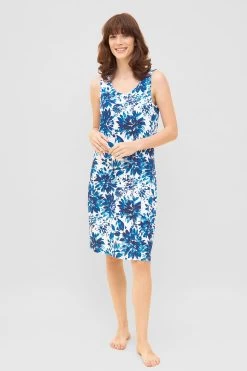 Strandkleid Im Blauen Blüten-Druck Rundhals Sommerkleid Viskose/Elasthan