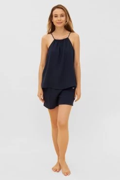 Sommerliches Set Aus Musselin Dunkelblau Top Shorts 100% Baumwolle