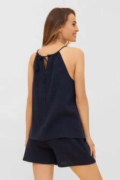 Sommerliches Set Aus Musselin Dunkelblau Top Shorts 100% Baumwolle 8 Sommerliches Set Aus Musselin Dunkelblau Top Shorts 100% Baumwolle -Pyjamas Für Zuhause 1235607 10063 2