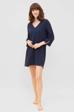 Strandkleid Aus Musselin Dunkelblau Sommer 3/4-Arm 100% Baumwolle