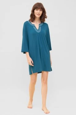 Strandkleid Mit Paspeln Am Ausschnitt Petrol 3/4-Arm Viskose/Elasthan