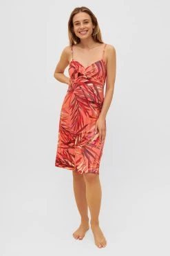 Spaghettiträger-Kleid Im Bunten Blätter-Druck Wickeloptik Viskose/Elasthan