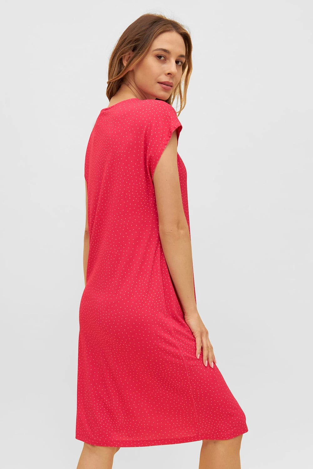 Strandkleid Mit Raffung Paspel Tupfen-Druck Pink Viskose/Elasthan 3 Strandkleid Mit Raffung Paspel Tupfen-Druck Pink Viskose/Elasthan - Image 3