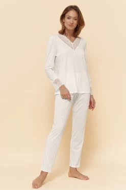 Pyjama Mit Eleganten Spitzen-Details Einfarbig Romantisch Verspielt Baumwolle/Modal