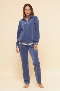 Hausanzug Aus Nicki Blouson-Style Sportive Streifen Stickbündchen Baumwolle/Polyester