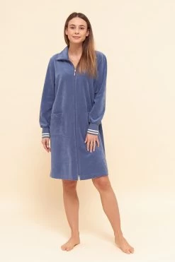 Morgenmantel Aus Nicki Blouson-Style Sportive Streifen Stickbündchen Baumwolle/Polyester