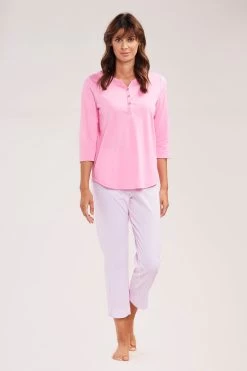 Pyjama Mit 7/8-Hose Im Nadelzug Rosa 100% Baumwolle