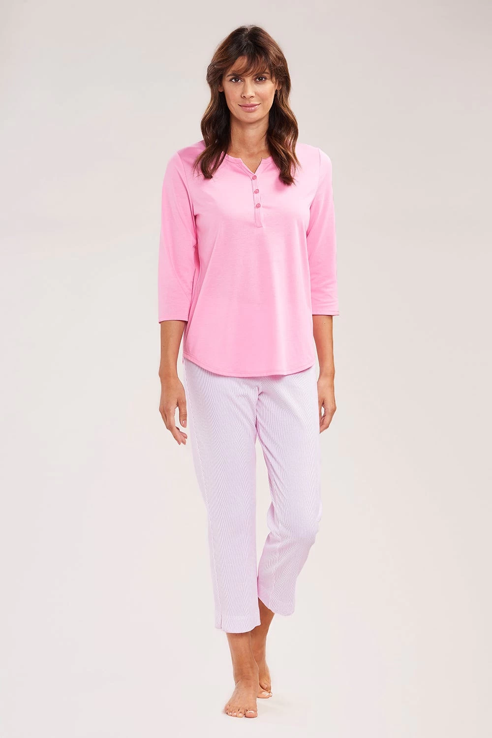 Pyjama Mit 7/8-Hose Im Nadelzug Rosa 100% Baumwolle 1 Pyjama Mit 7/8-Hose Im Nadelzug Rosa 100% Baumwolle