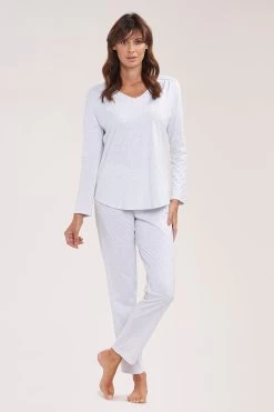 Pyjama Mit Zierschleife Und Spitze Grau Langarm 100% Baumwolle